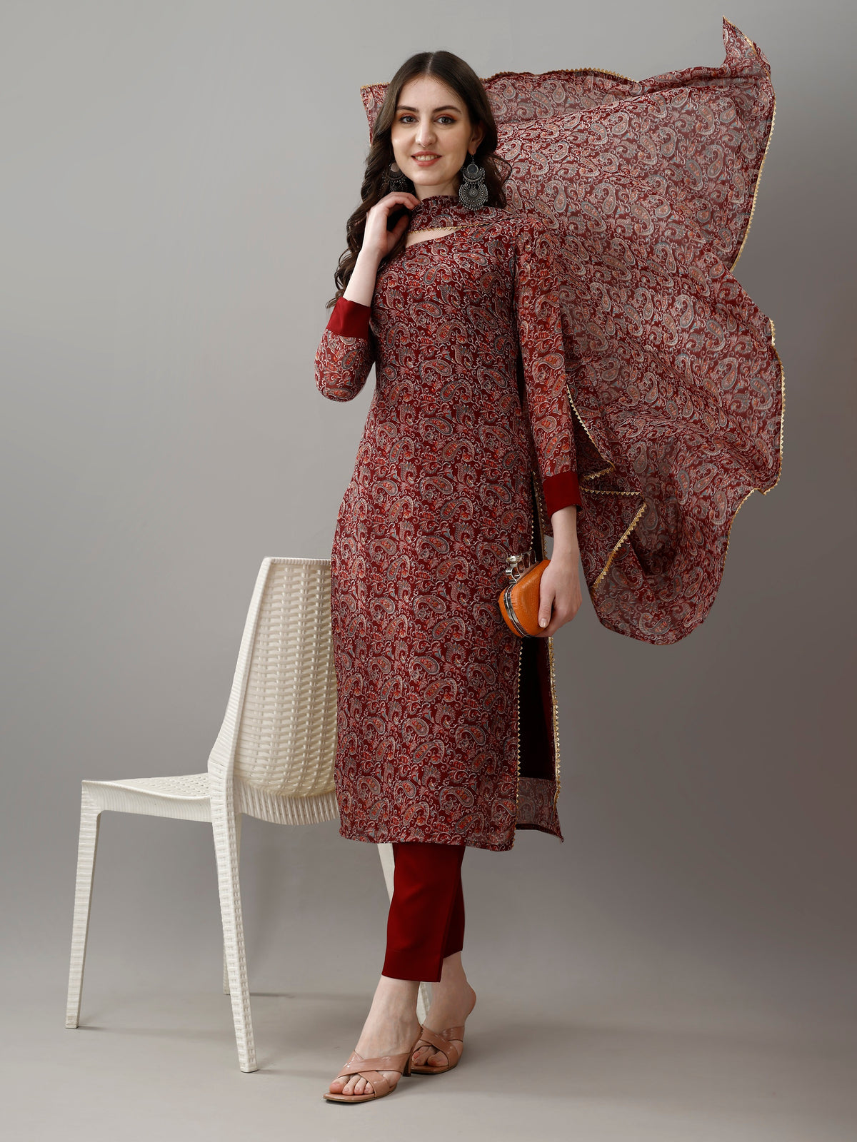 Maroon Printed Georgette Kurta Set with Dupatta Women for Women