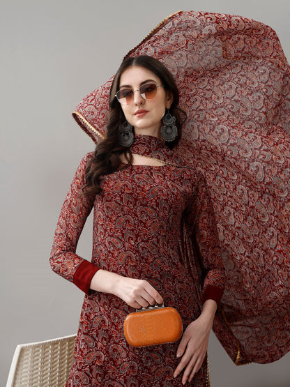 Maroon Printed Georgette Kurta Set with Dupatta Women for Women