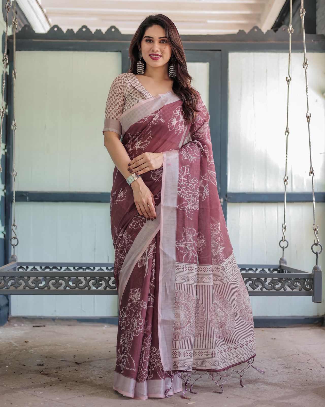 Maroon Floral Printed Pure Linen Saree with Blouse