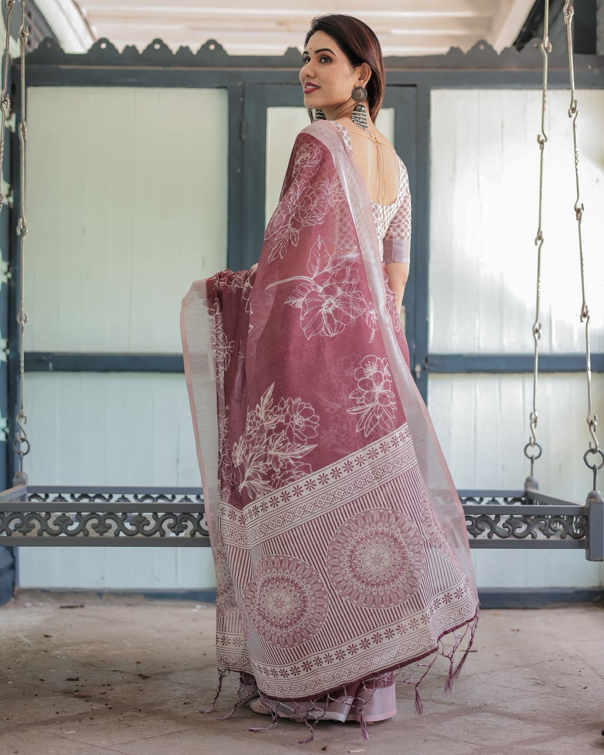 Maroon Floral Printed Pure Linen Saree with Blouse for Women