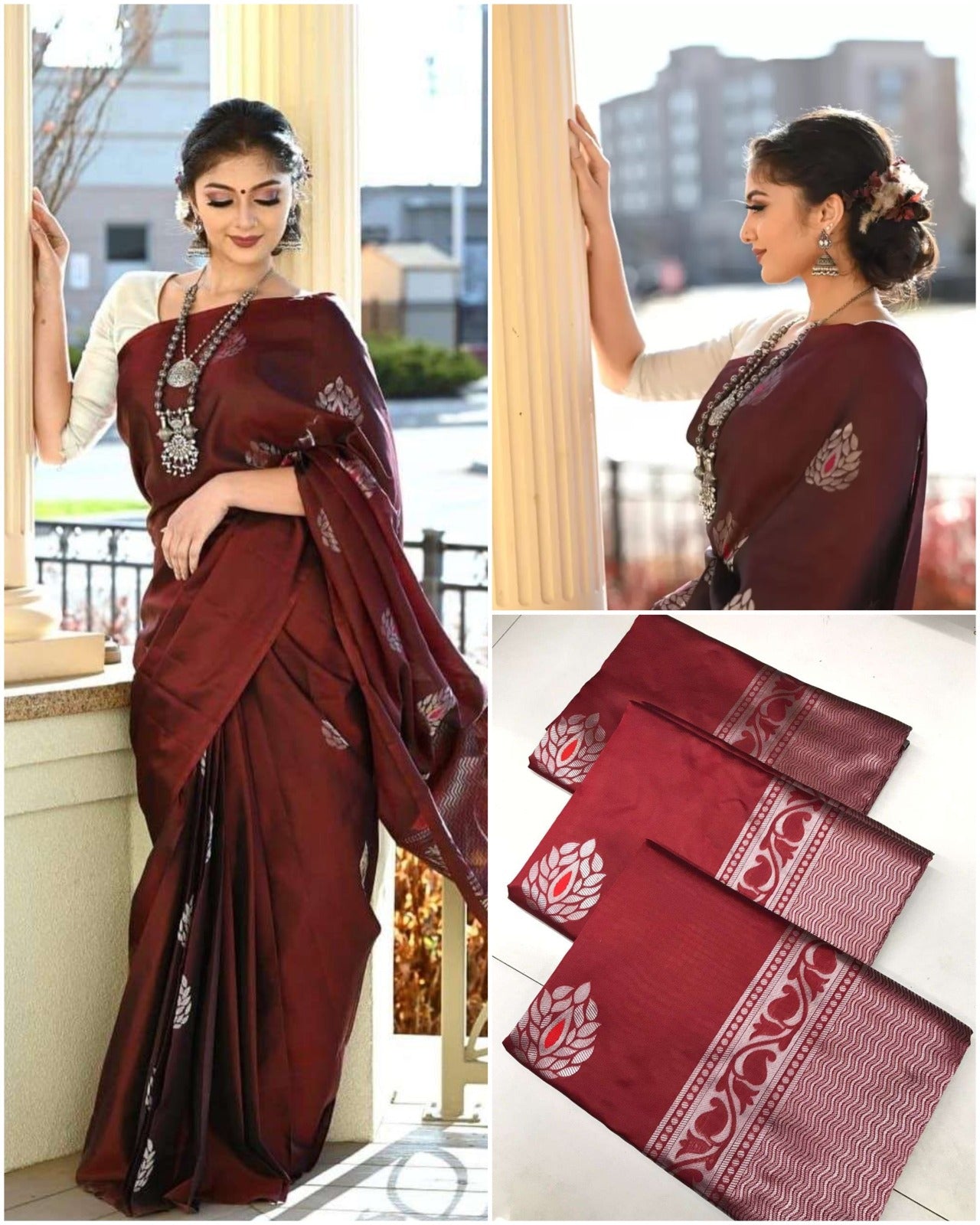 Maroon Soft Lichi Silk Saree with Silver Zari & Jacquard Border