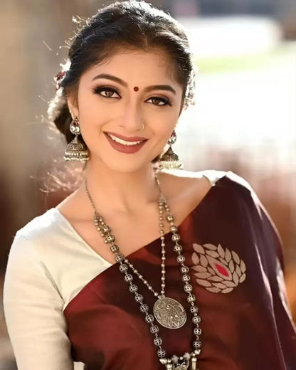 Maroon Soft Lichi Silk Saree with Silver Zari &amp; Jacquard Border