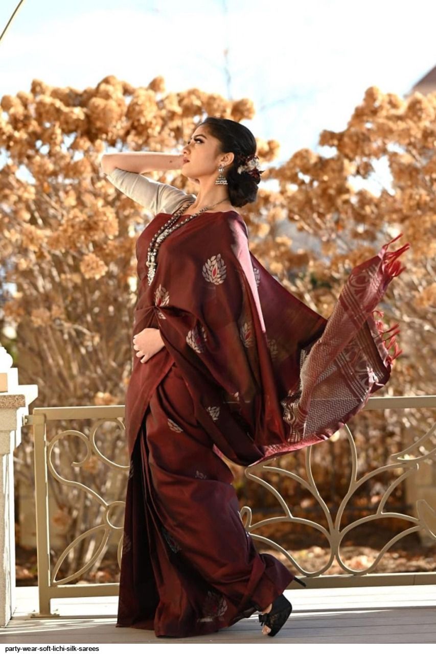 Maroon Soft Lichi Silk Saree with Silver Zari &amp; Jacquard Border
