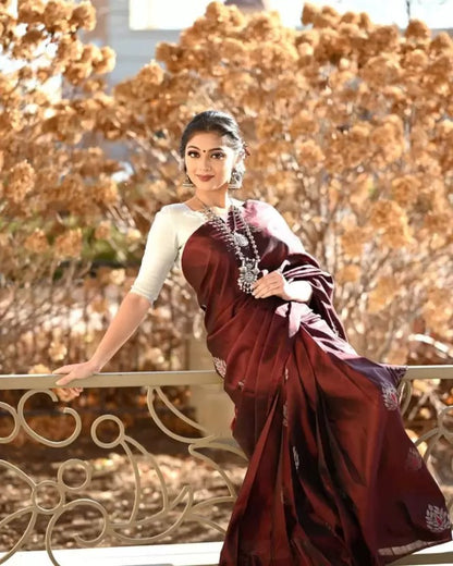 Maroon Soft Lichi Silk Saree with Silver Zari &amp; Jacquard Border