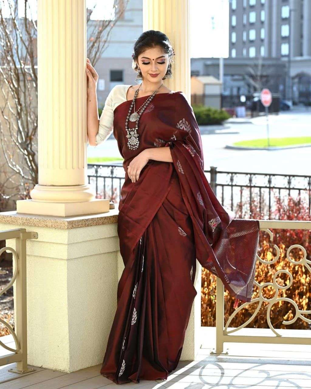 Maroon Soft Lichi Silk Saree with Silver Zari &amp; Jacquard Border