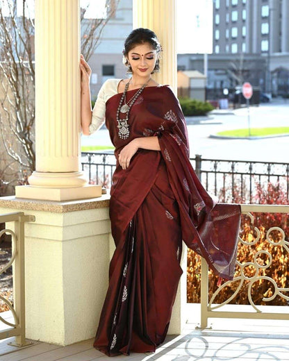 Maroon Soft Lichi Silk Saree with Silver Zari &amp; Jacquard Border