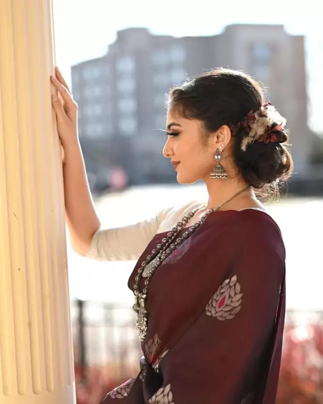 Maroon Soft Lichi Silk Saree with Silver Zari &amp; Jacquard Border