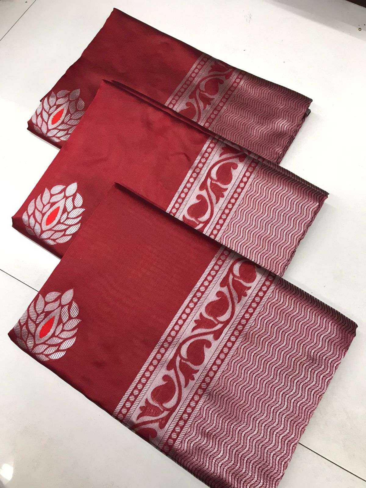Maroon Soft Lichi Silk Saree with Silver Zari &amp; Jacquard Border