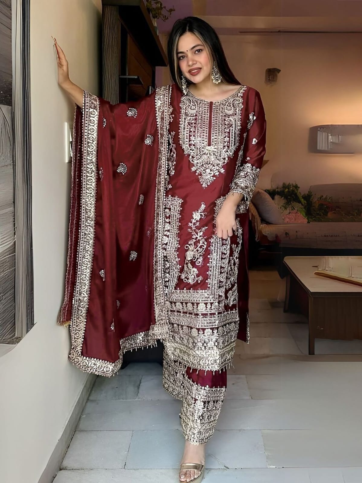 Maroon Wedding Wear Embroidered Palazzo Suit Set