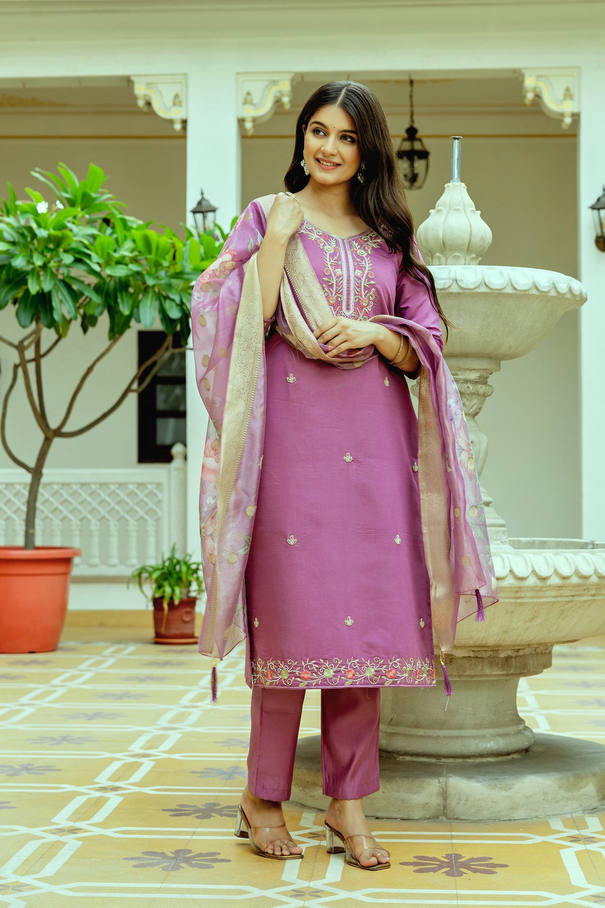 Mauve Embroidered Chanderi Silk Kurti Pant Dupatta for Women