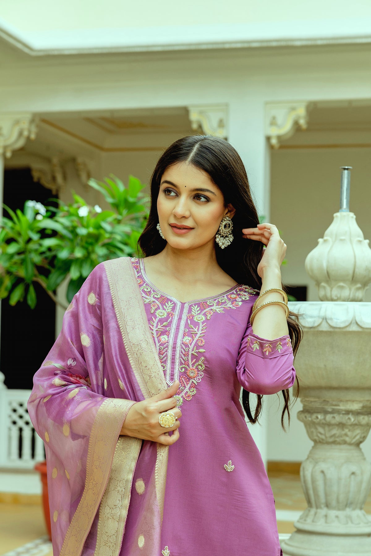 Mauve Embroidered Chanderi Silk Kurti Pant Dupatta for Women