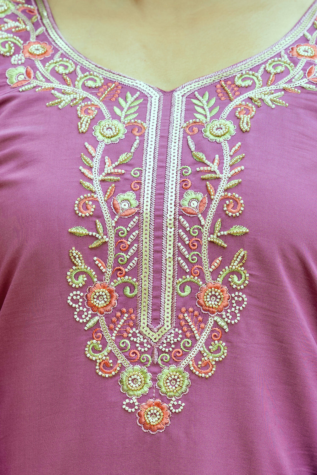 Mauve Embroidered Chanderi Silk Kurti Pant Dupatta for Women
