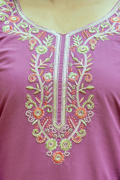 Mauve Embroidered Chanderi Silk Kurti Pant Dupatta for Women