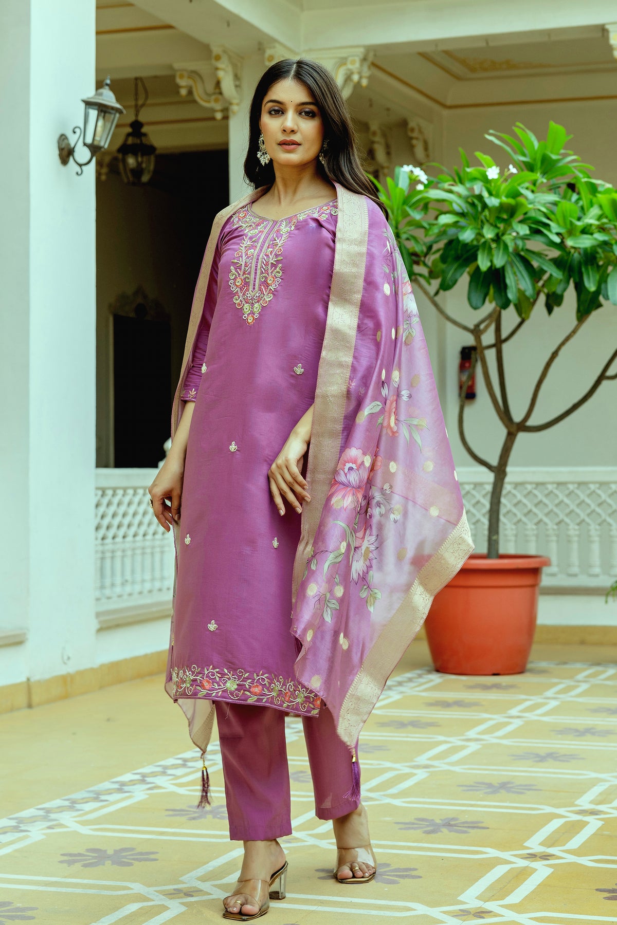 Mauve Embroidered Chanderi Silk Kurti Pant Dupatta for Women