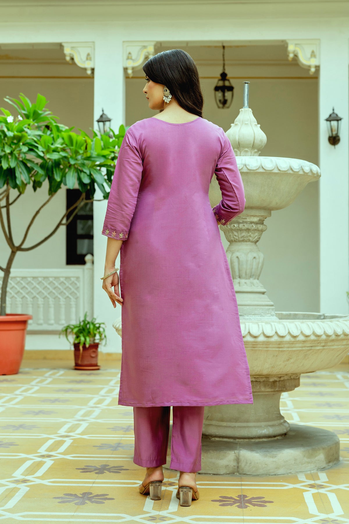 Mauve Embroidered Chanderi Silk Kurti Pant Dupatta for Women