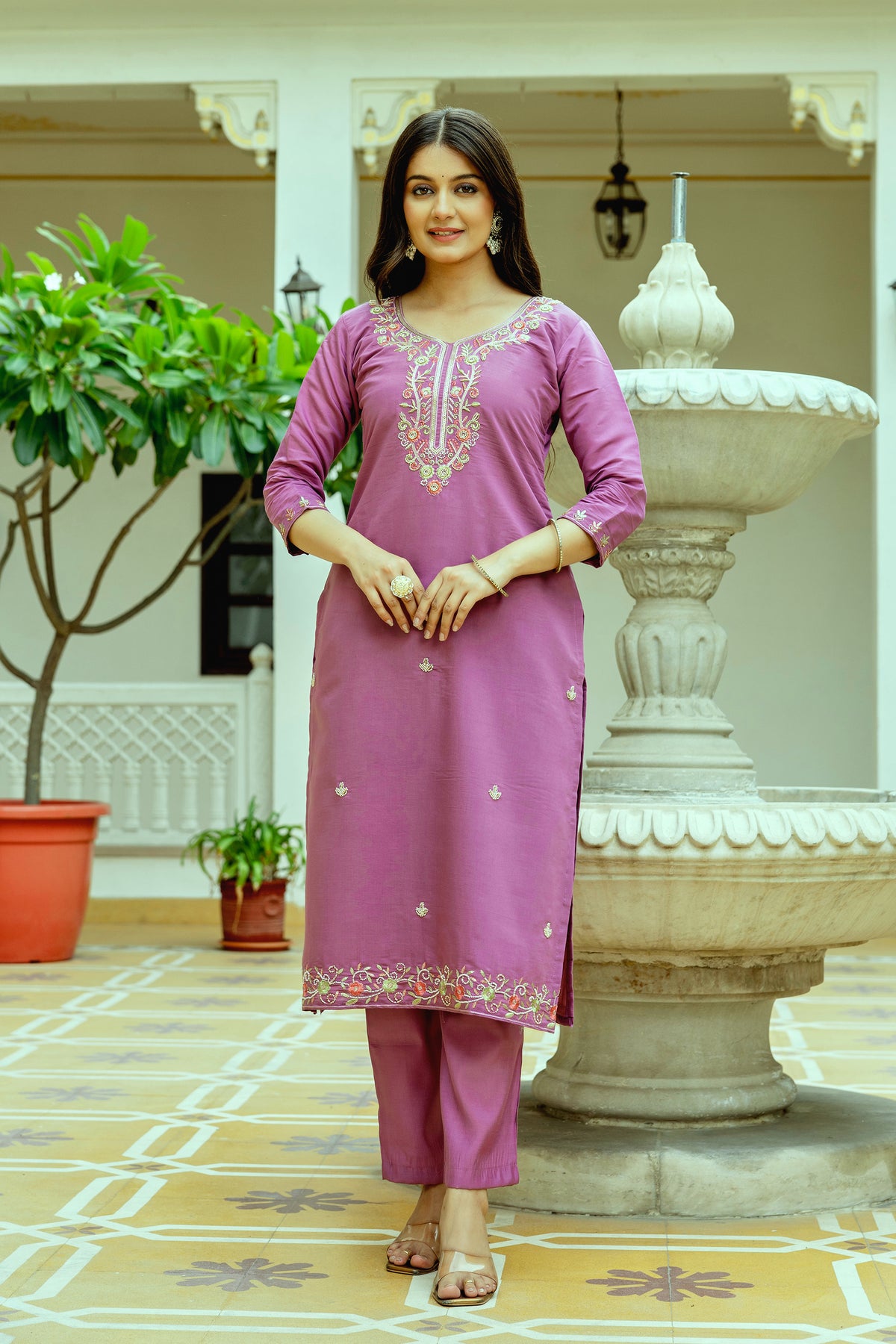 Mauve Embroidered Chanderi Silk Kurti Pant Dupatta for Women