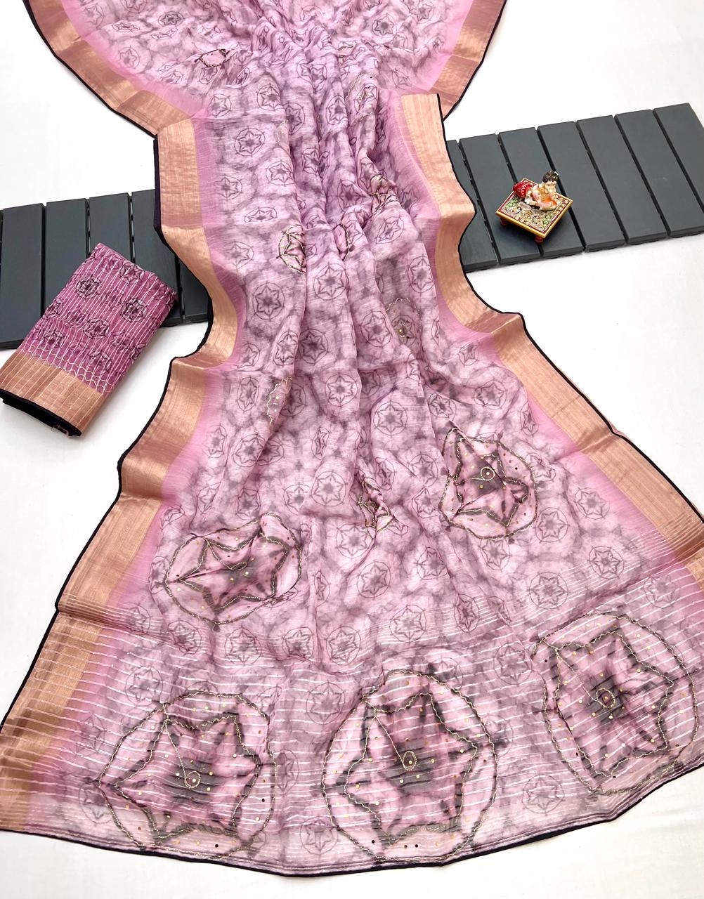 Mauve Organza Cotton Silk Saree With Thread & Sequin Work