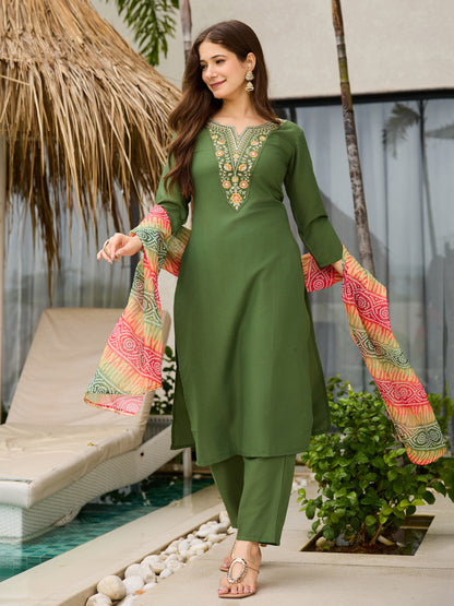Mehendi Green Embroidered Rayon Kurta Set with Dupatta for Women