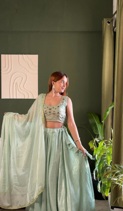 Mint Embroidered Lehenga Set with Net Dupatta for Women