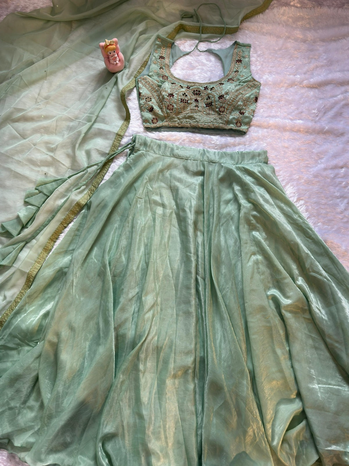 Mint Embroidered Lehenga Set with Net Dupatta for Women