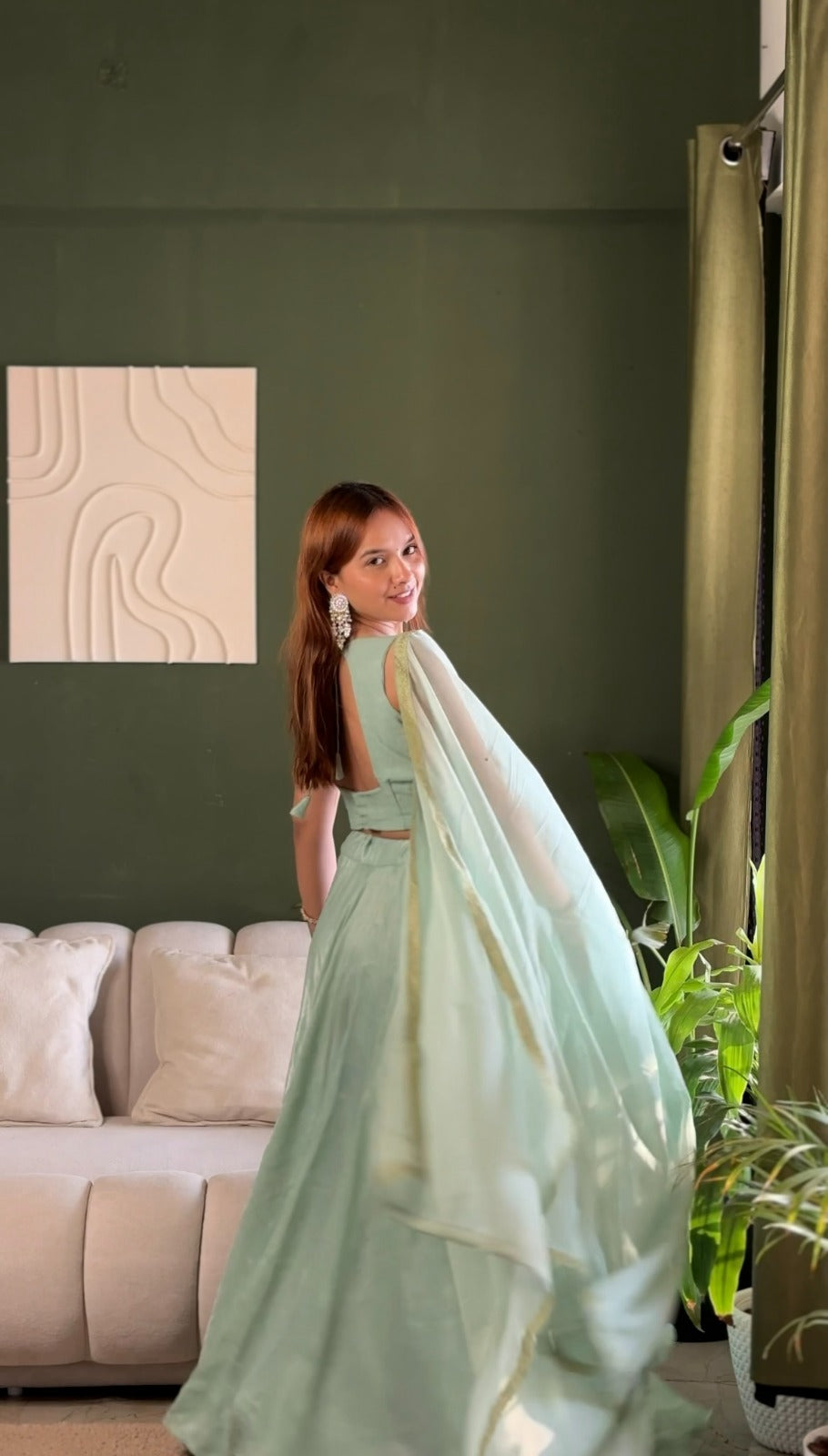 Mint Embroidered Lehenga Set with Net Dupatta for Women