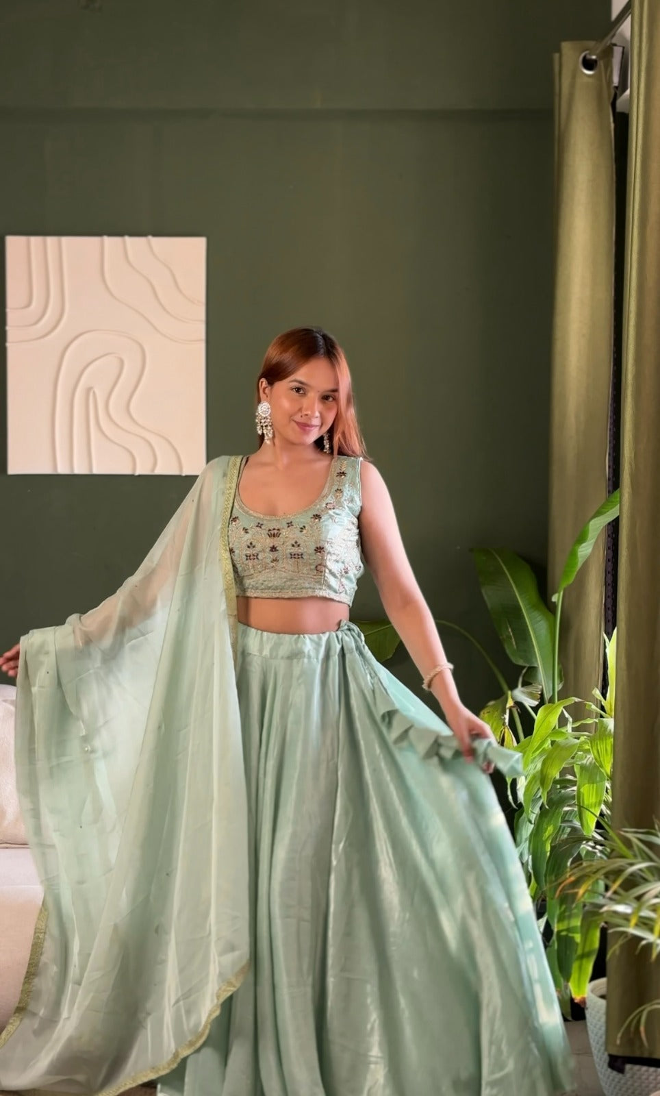 Mint Embroidered Lehenga Set with Net Dupatta for Women