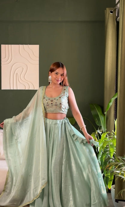 Mint Embroidered Lehenga Set with Net Dupatta for Women