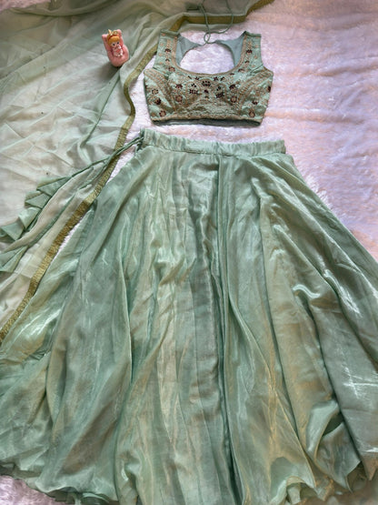 Mint Embroidered Lehenga Set with Net Dupatta for Women