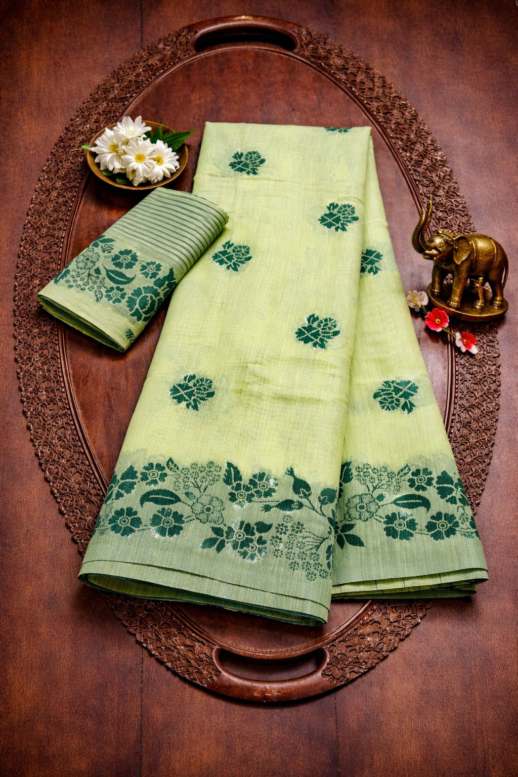 Mint Green Printed Linen Cotton Saree for Women