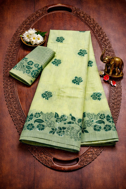Mint Green Printed Linen Cotton Saree for Women
