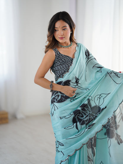 Elegant Mint Green Saree with Kutchi Mirror Lace for Women