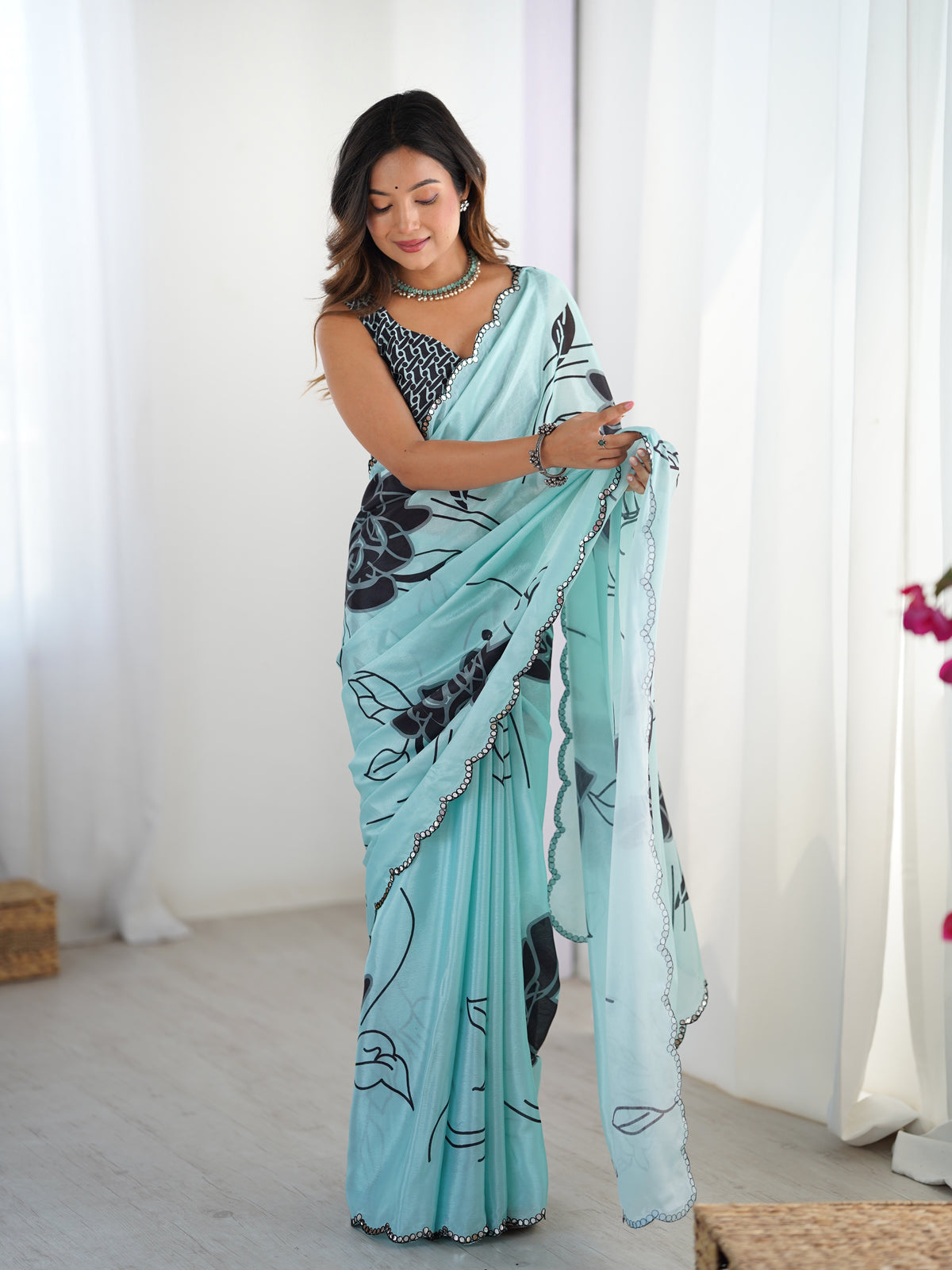 Elegant Mint Green Saree with Kutchi Mirror Lace for Women