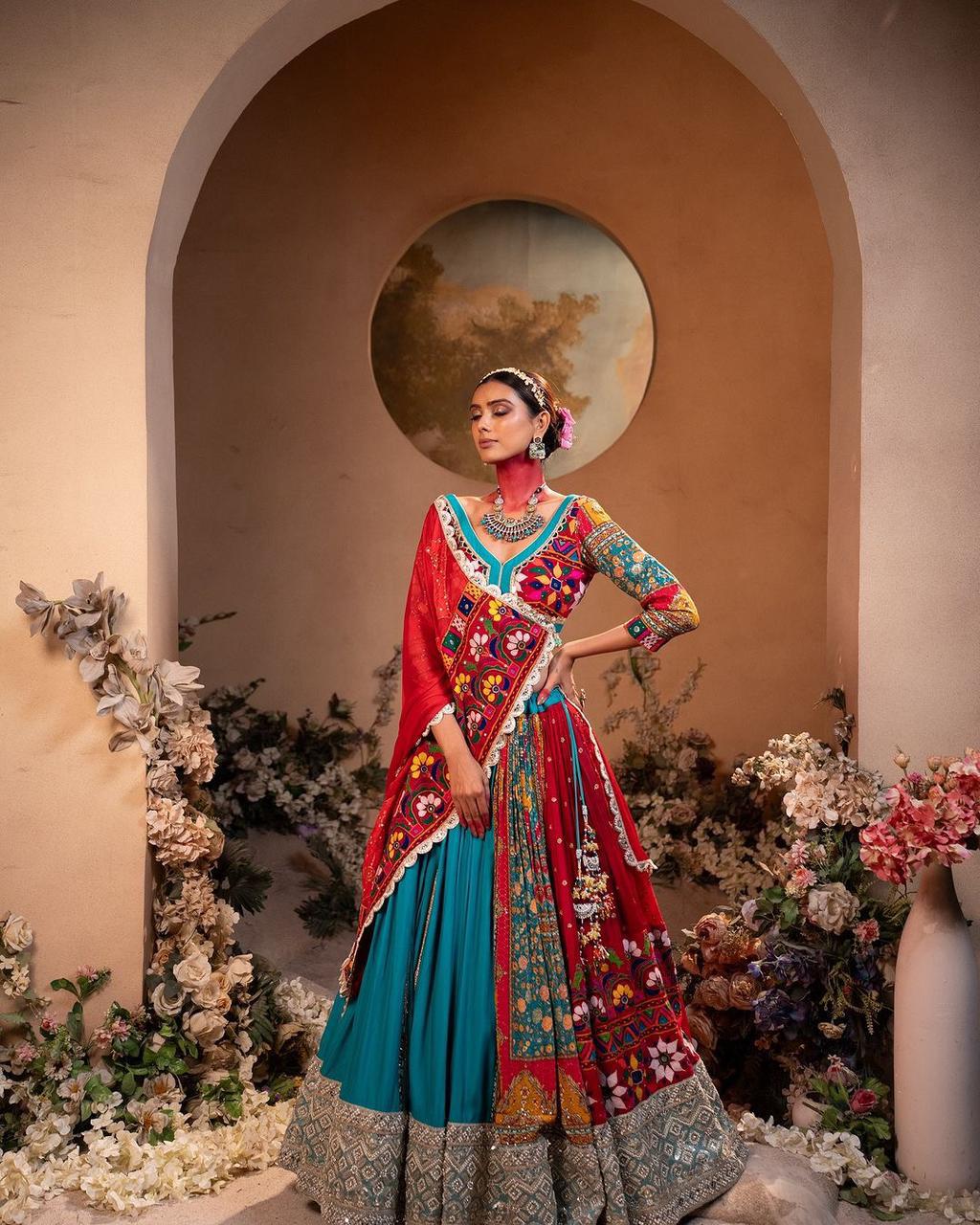 Vibrant Mirror Work Muslin Lehenga Choli Set Online