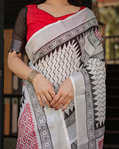 Monochrome Magic Linen Saree with Bold Red Touch for Women