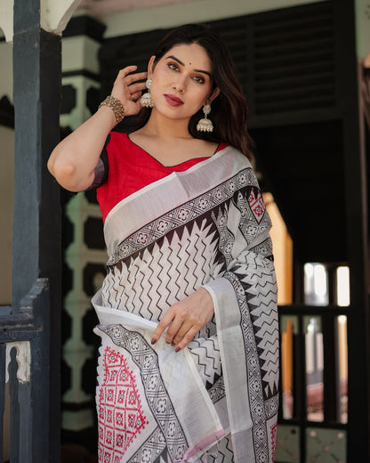 Monochrome Magic Linen Saree with Bold Red Touch for Women