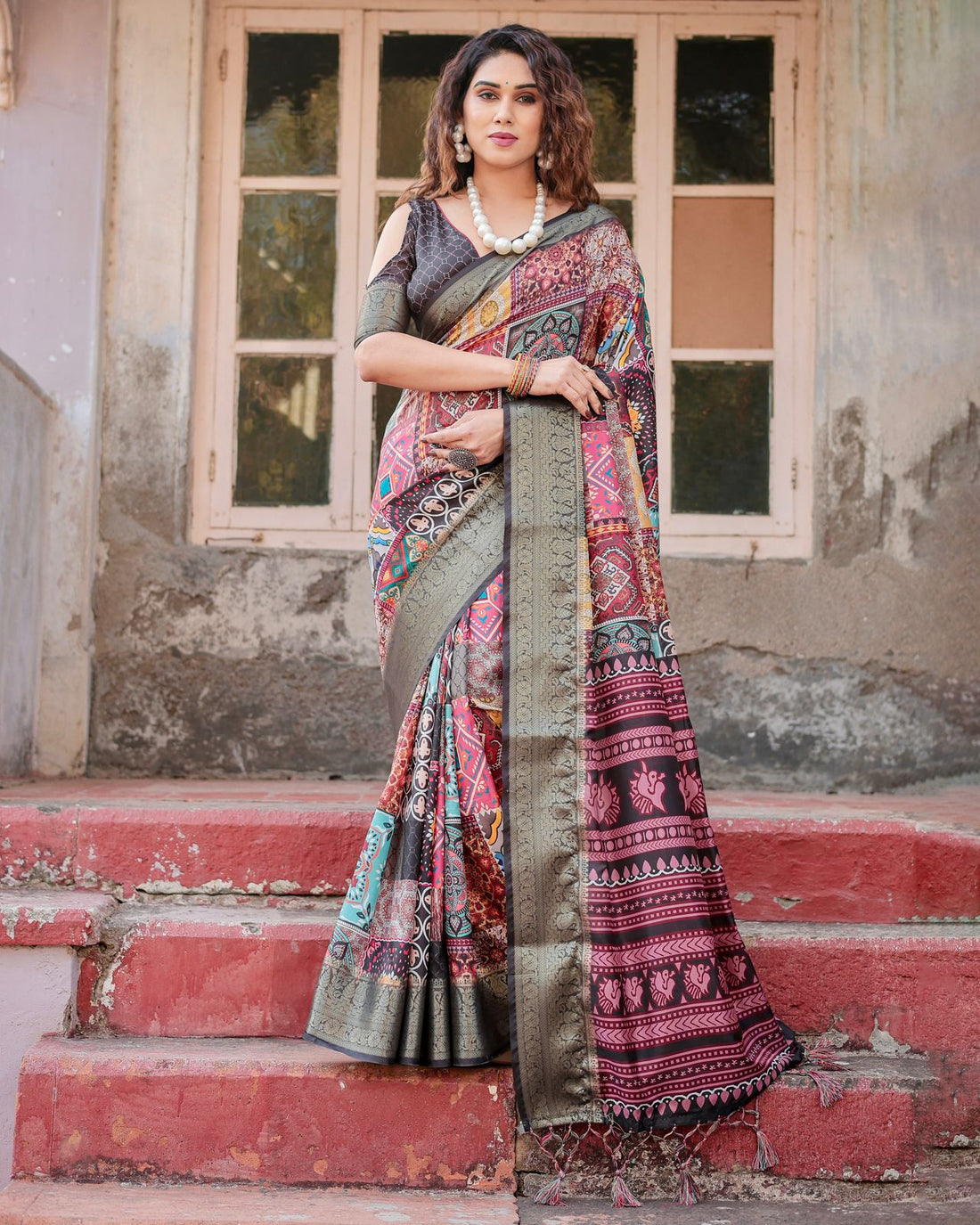 Multi Color Banarasi Silk Saree with Artistic Prints for Women