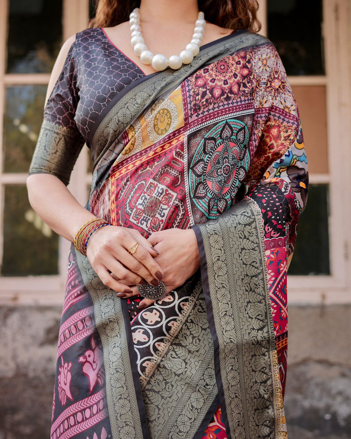 Multi Color Banarasi Silk Saree with Artistic Prints for Women