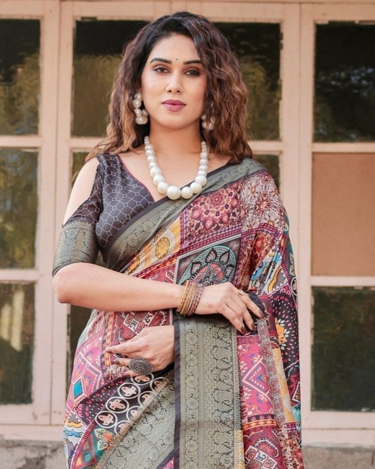Multi Color Banarasi Silk Saree with Artistic Prints for Women