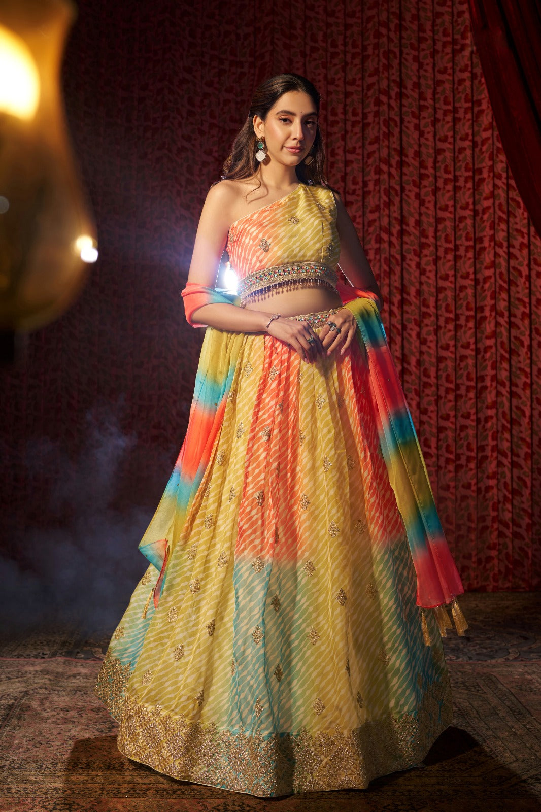 Multi Colour Organza Lehenga Choli with Digital Print, Cording Embroidery and Mukaish Work Dupatta, Semi Stitched Lehenga Set