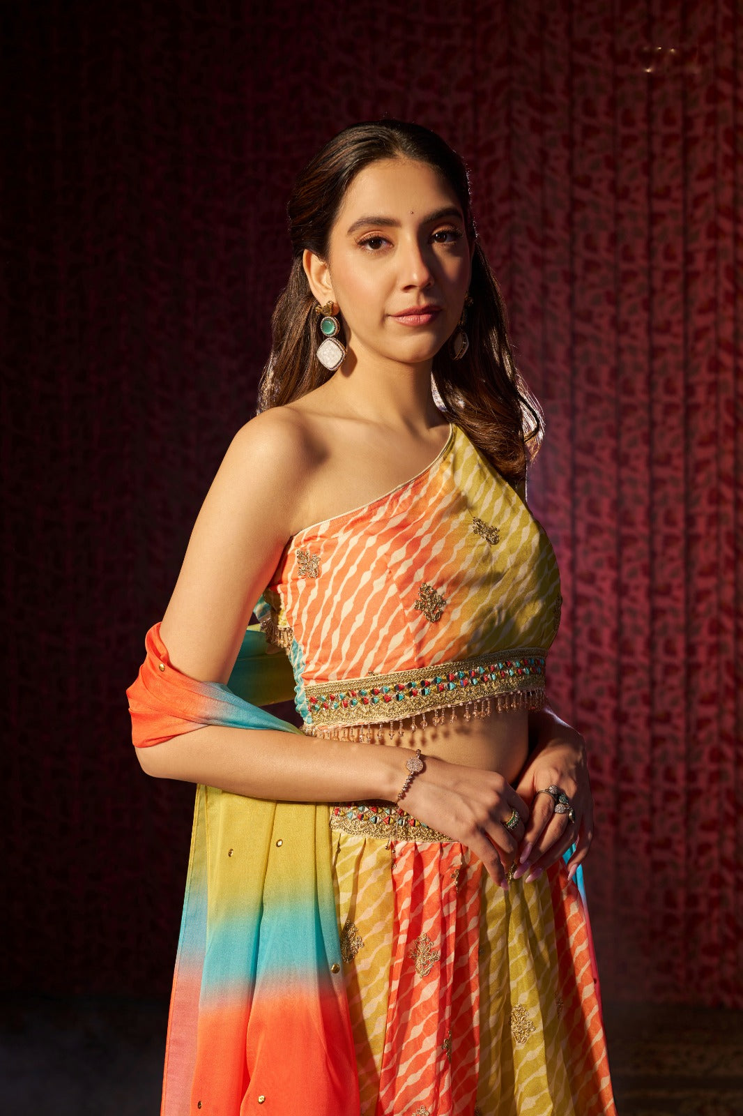 Multi Colour Organza Lehenga Choli with Digital Print, Cording