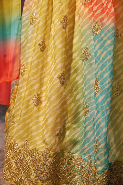 Multi Colour Organza Lehenga Choli with Digital Print, Cording