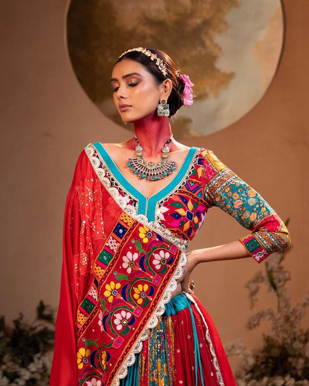 Multicolor Mirror Work Muslin Cotton Lehenga Choli Set for Women