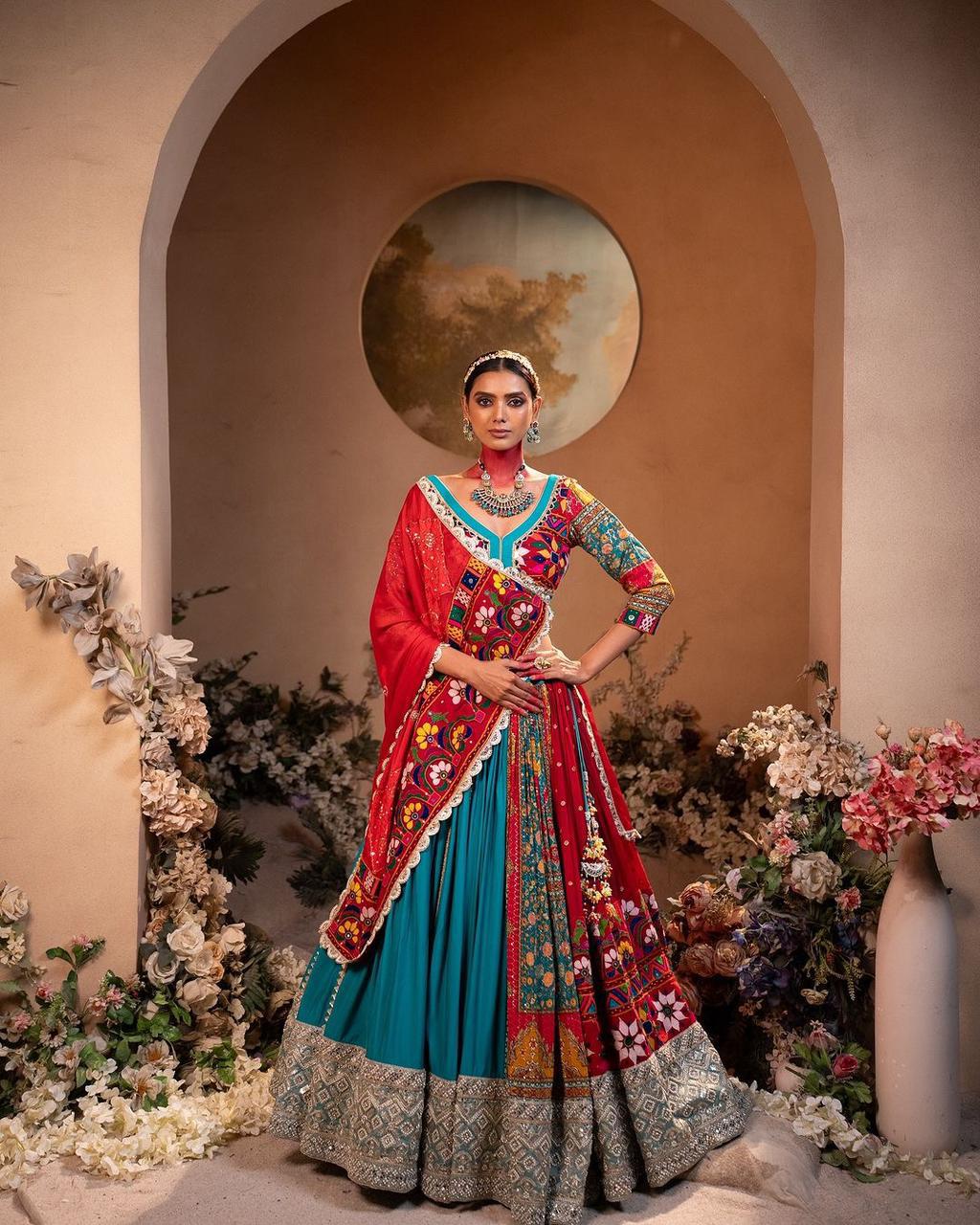Multicolor Mirror Work Muslin Cotton Lehenga Choli Set