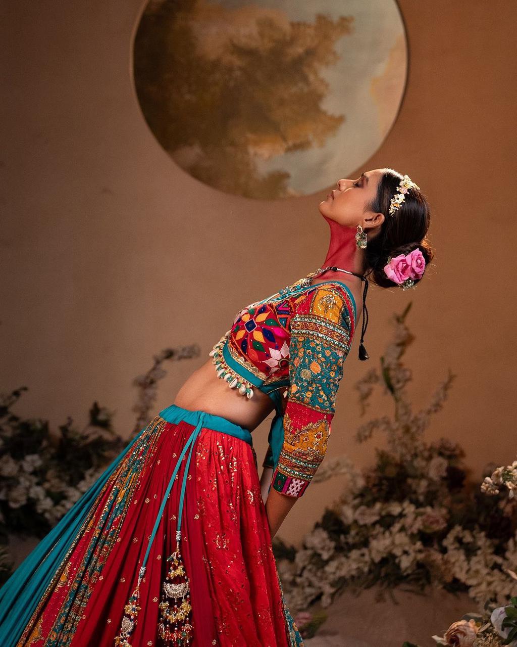 Multicolor Mirror Work Muslin Cotton Lehenga Choli Set for Women