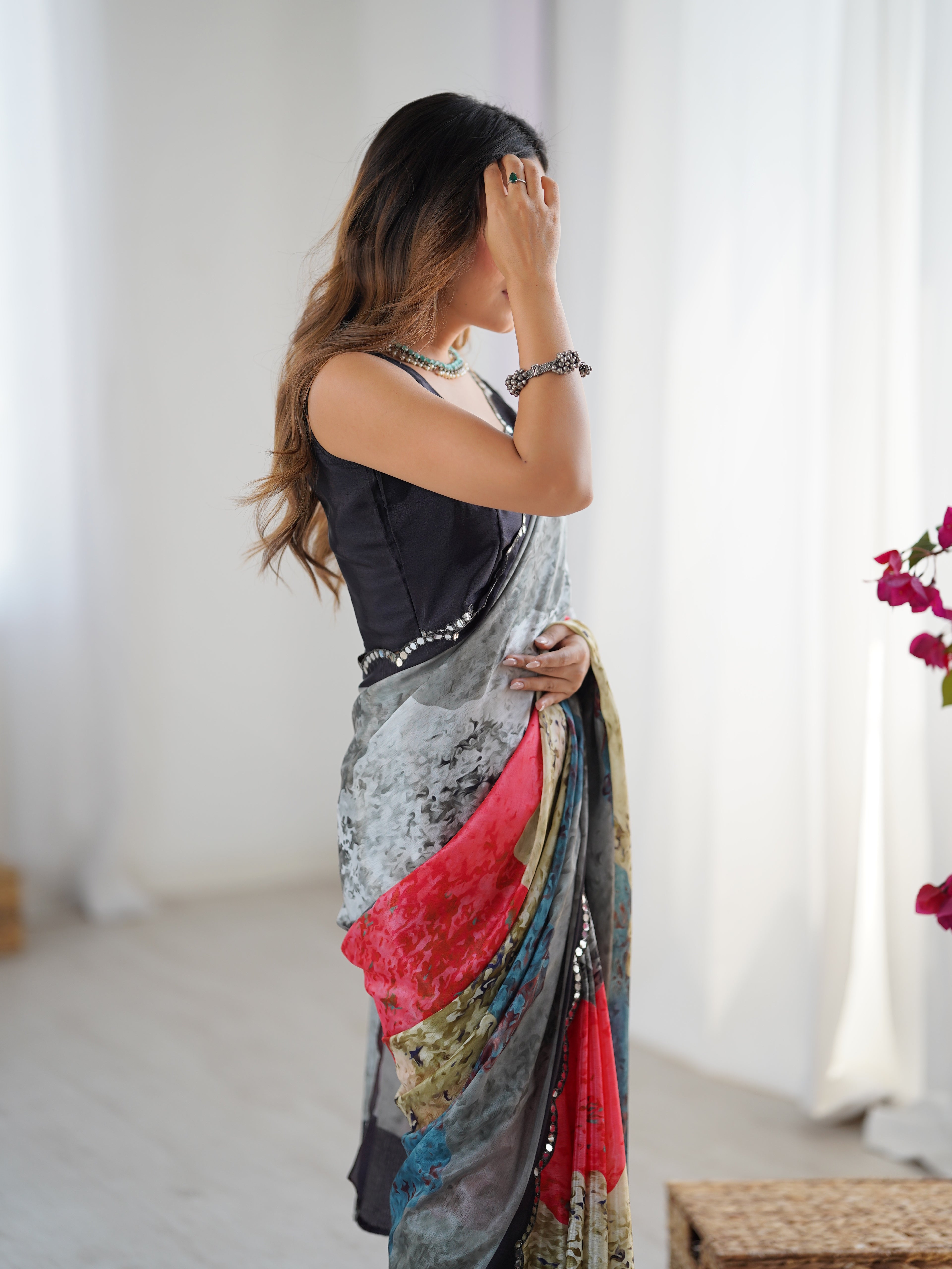Multicolor Heavy Chinnon Printed Saree for Women
