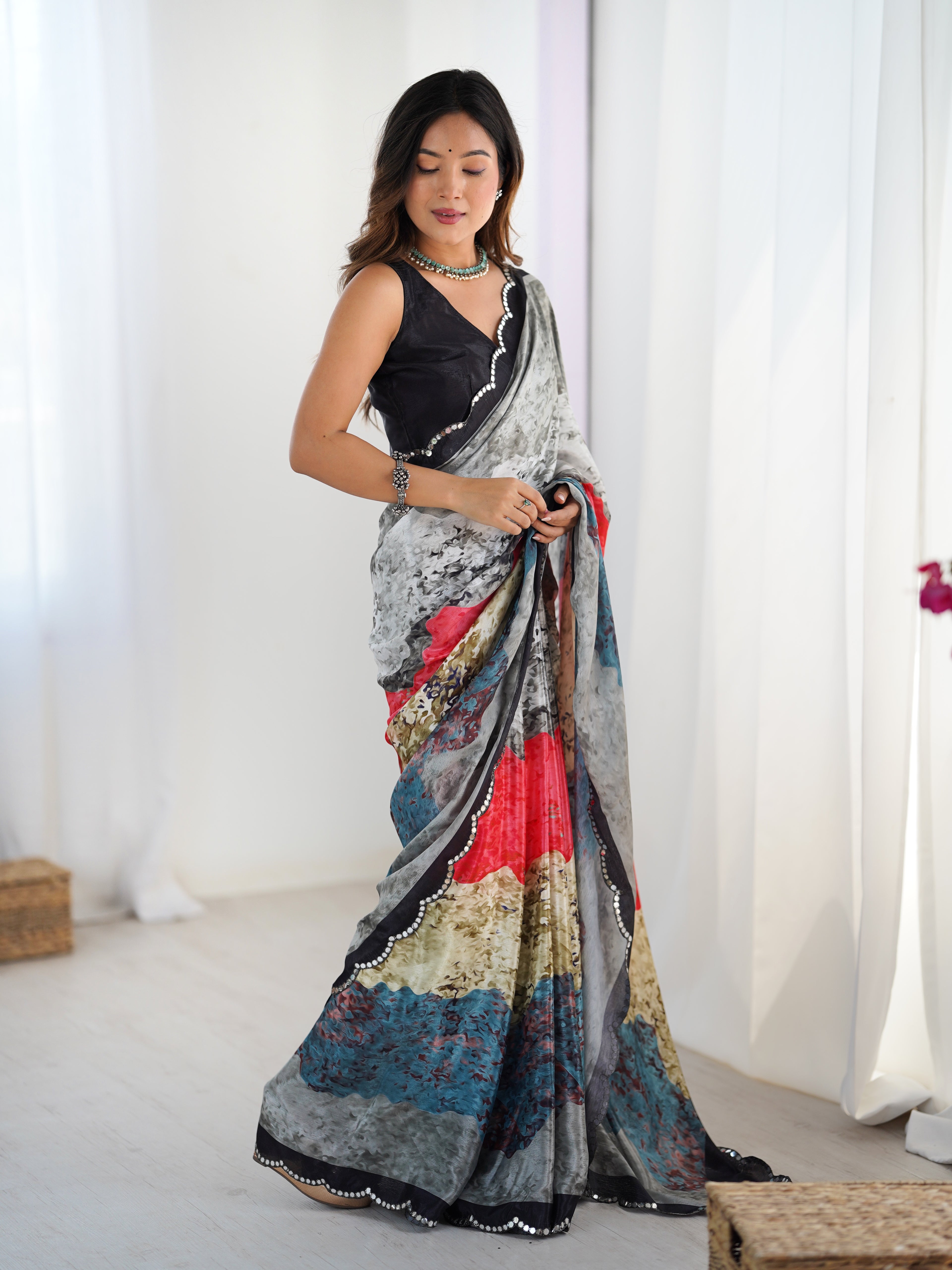 Multicolor Heavy Chinnon Printed Saree for Women