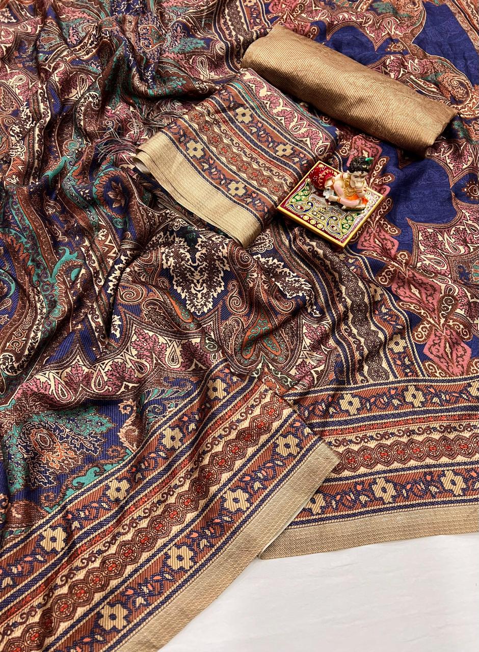 Multicolor Paisley Pashmina Saree With Shawl Set for Women