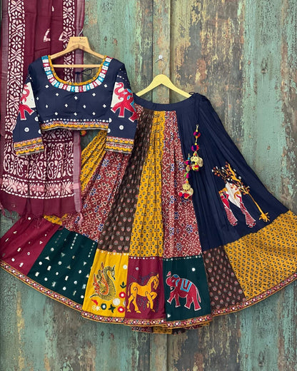 Multicolor Printed Butter Silk Lehenga Choli Set for Women