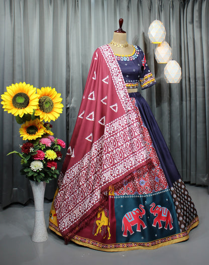 Multicolor Printed Butter Silk Lehenga Choli Set for Women
