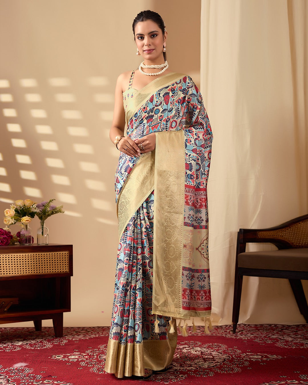 Multicolor Lichi Silk Saree with Golden Zari Border for Women